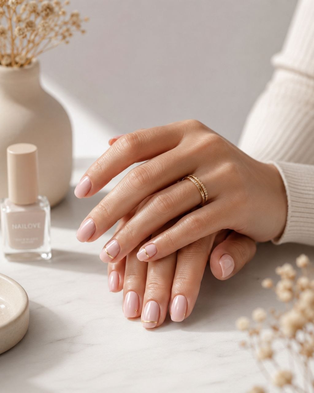 Mains manucurées avec vernis nude et finition brillante