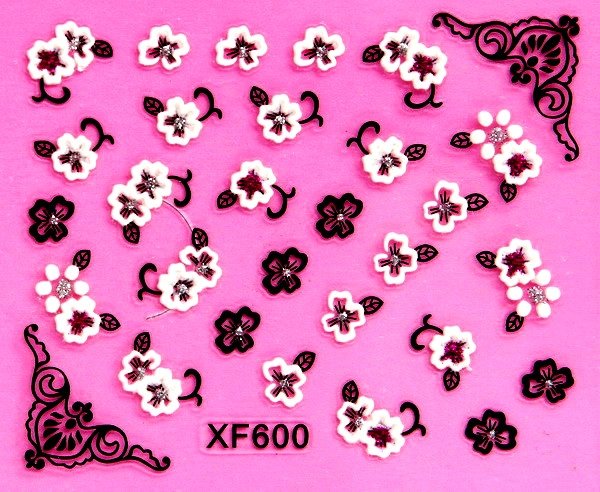 Sticker Ongles Petites Fleurs Noire & Blanches en 3D 600