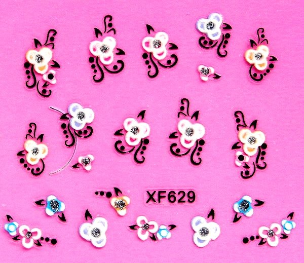 Sticker Ongles Mini Fleurs Bleues, Jaunes & Rose 3D Couleur 629