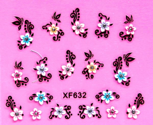 Sticker Ongles Fleurs Bleues, Jaunes et Roses 3D Couleur 632