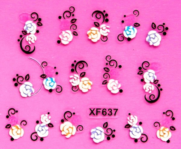 Sticker Ongles Fleurs Bleues, Jaunes & Violettes 3D Couleur 637