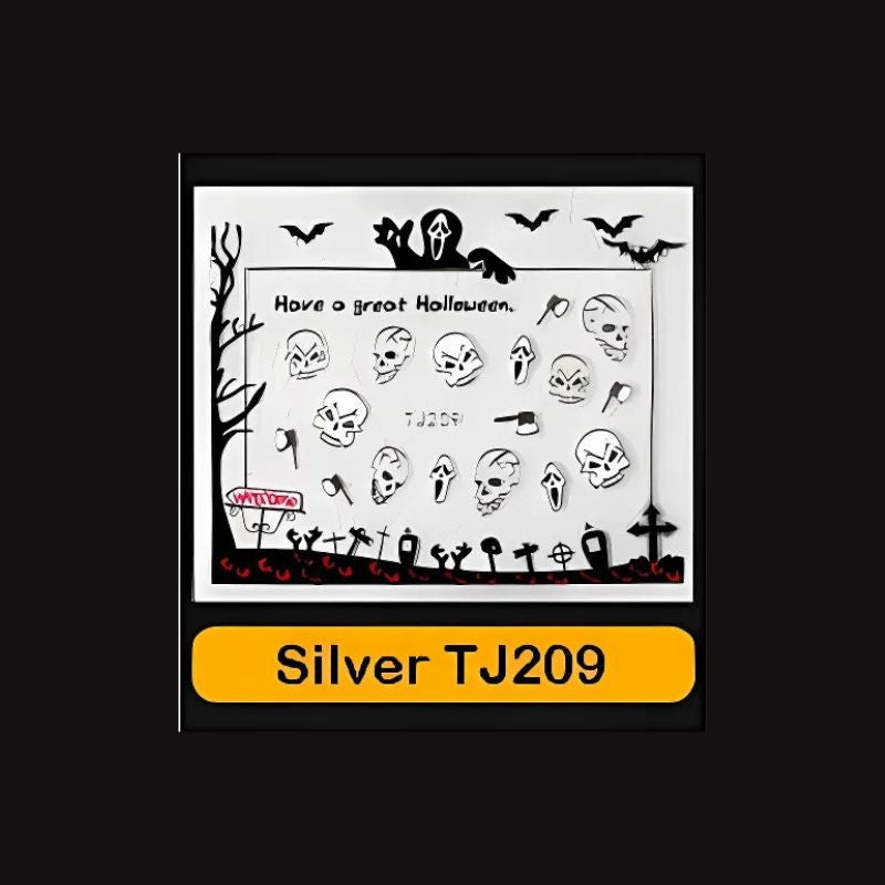 Sticker Ongles Halloween en Argent Crânes – TJ209