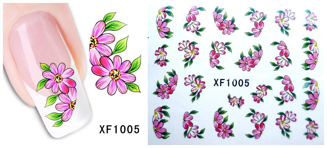 24 Autocollants Ongle Water Decal Motif Rose & Feuilles Vertes 1005