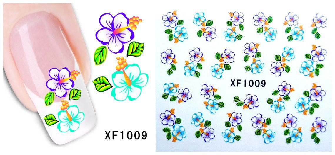 24 Autocollants Ongle Water Decal Fleur Violette & Bleue Ciel 1009