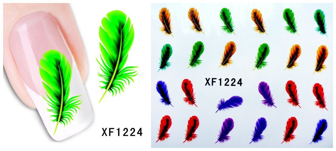 Autocollant Ongle Water Decal Plumes (vert, rouge, orange, violet) 1224