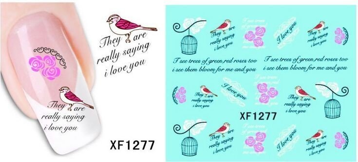 Autocollant Ongle Water Decal I Love You & Oiseau + Cage 1277