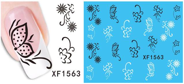 Autocollant Ongle Water Decal Papillon & Fleur noire et blanc 1563