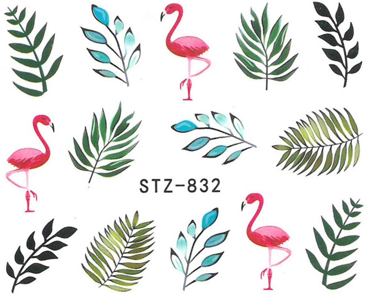 Autocollant Ongle Water Decal Feuilles et flamand rose STZ 832