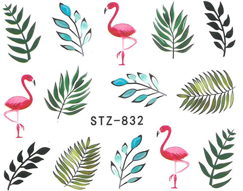 Autocollant Ongle Water Decal Feuilles et flamand rose STZ 832 - NailArtBoutique