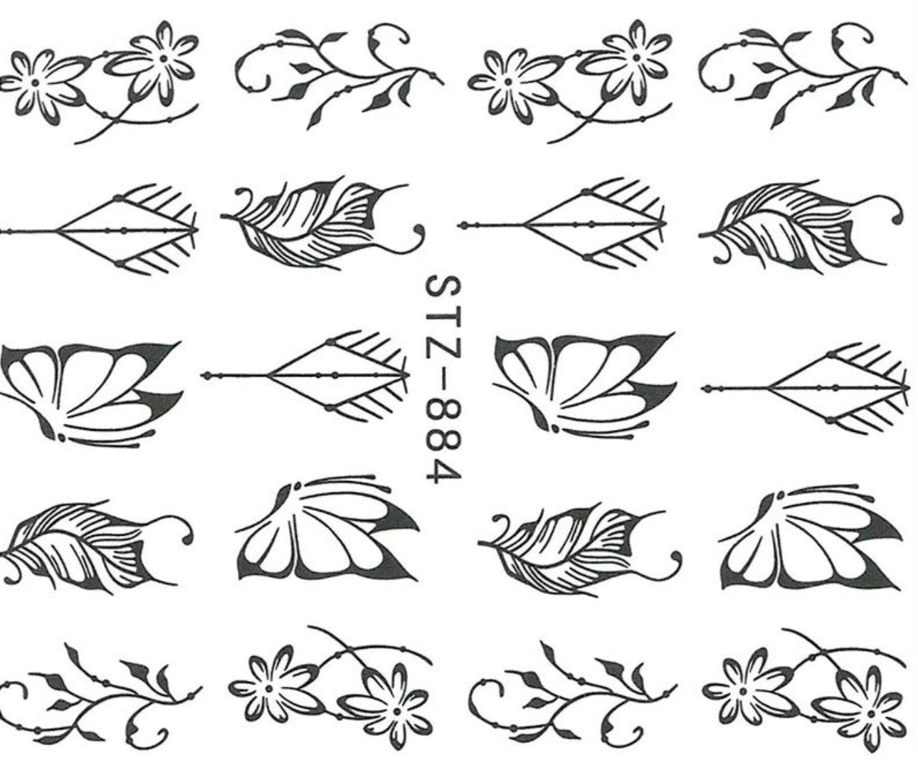 Stickers Autocollant Ongles Papillons & Plantes Noir & Blanc (Water Decal) - NailArtBoutique